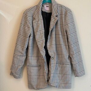SO Gray & White Plaid Single-Button Blazer